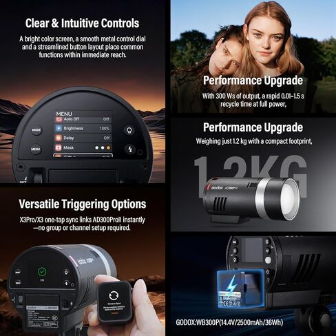 GODOX AD300Pro II 300Ws فلاش ستروب أحادي الضوء، 2.4G TTL 1/8000 HSS 2.4G فلاش TTL لاسلكي، 0.01-1.5 ثانية وقت إعادة التدوير، 350 طاقة كاملة، وضع التجميد، تعديل عشرة مستويات في 0.1 خطوات زيادة in Kuwait