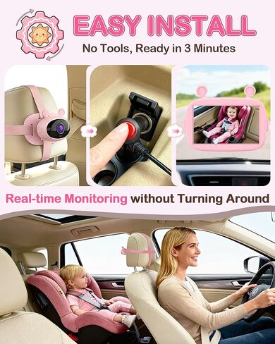 Yakry HD 1080P Baby Car Camera: 3-Min Easy Install Auto IR Night Vision Real-Time View for Clear Baby Checks - Backseat Camera with Cute Pink Design for Infant in Kuwait