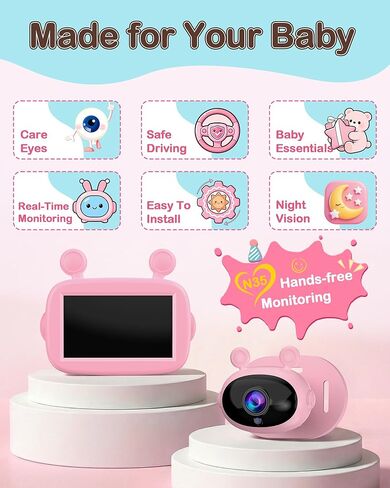 Yakry HD 1080P Baby Car Camera: 3-Min Easy Install Auto IR Night Vision Real-Time View for Clear Baby Checks - Backseat Camera with Cute Pink Design for Infant in Kuwait