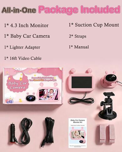 Yakry HD 1080P Baby Car Camera: 3-Min Easy Install Auto IR Night Vision Real-Time View for Clear Baby Checks - Backseat Camera with Cute Pink Design for Infant in Kuwait