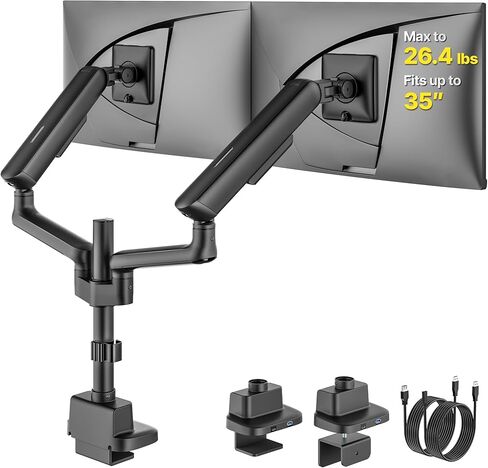 ذراع شاشة مزدوج طويل القامة من monTEK مع USB، ذراع شاشة زنبركية ميكانيكية لشاشات مقاس 17-35 بوصة، حامل مكتبي للشاشات قابل للتعديل يحمل كل منها ما يصل إلى 24.2 رطلًا مع مشبك/حلقة تثبيت C، VESA 75/100 مم، MA1011UCPBK-D in Kuwait