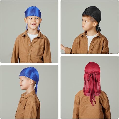3 قطع من الساتان للأطفال، قبعة Durag من الحرير الناعم مع ذيل طويل وأشرطة واسعة للأولاد الصغار والبنات 360 موجة (أسود، أزرق، عنابي) in Kuwait