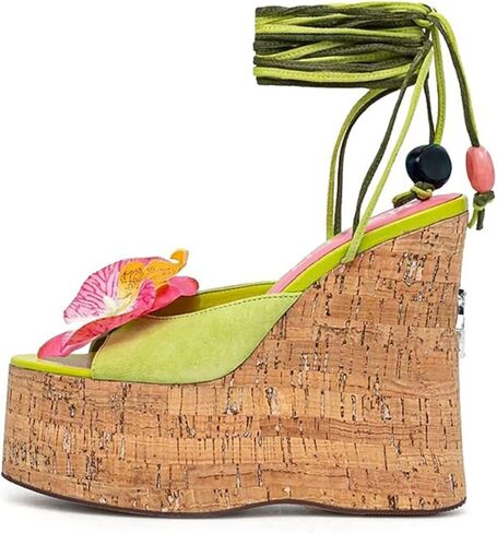 women's Flowers Platform Wedge sandals Womens ankle Strap Sexy Peep Toe lime green high heel Party Prom Evening Dance Shoes in Saudi Arabia