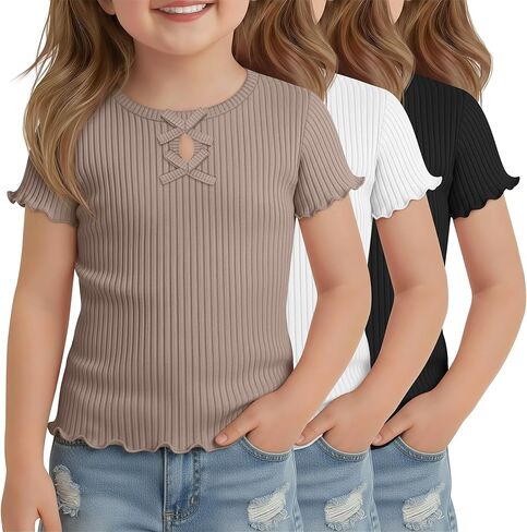 3 Pack Toddler Girls Short Sleeve Shirts Cotton Ribbed Summer Lettuce Trim Top with Bow Soft Cute Keyhole Neck Tee in Kuwait