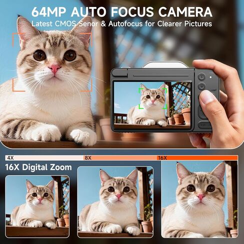 كاميرا تسجيل فيديو رقمية بدقة 4K بدقة 64 ميجابكسل، وكاميرا فيديو بتكبير تلقائي 16X لليوتيوب مع شاشة قلاب 3 بوصات بزاوية 180 درجة، ومجموعة كاميرا سفر مدمجة للمبتدئين والمراهقين (أسود) in Kuwait