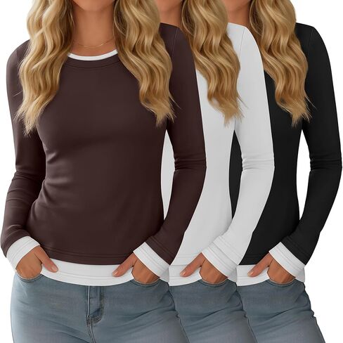 3 Pack Women's Long Sleeve Tops Patchwork Crewneck Fake Two Pieces Slim Fit Shirts Color Block Y2k Aesthetic Tee in Kuwait