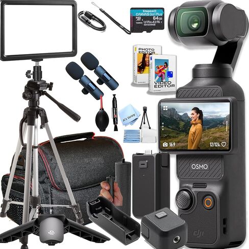 DJI Osmo Pocket 3 Capture More Combo Creator Bundle – 4K/120fps 1" CMOS Camera w/ 64GB Card, Battery Handle, Tripod, 104 LED Panel Light, 2 Wireless Lavalier Mics, Case, Grip & Video/Photo Software in Kuwait