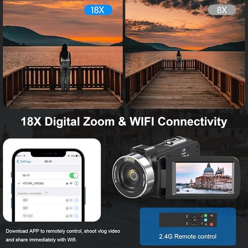 8K Video Camera Camcorder 64MP YouTube Vlogging Cameras IR Night Vision WiFi Webcam Camcorders with 18X Digital Zoom 3.0"Touch Screen Stabilizer, Mic, 64G SD Card, Remote Control and 2 Batteries in Kuwait