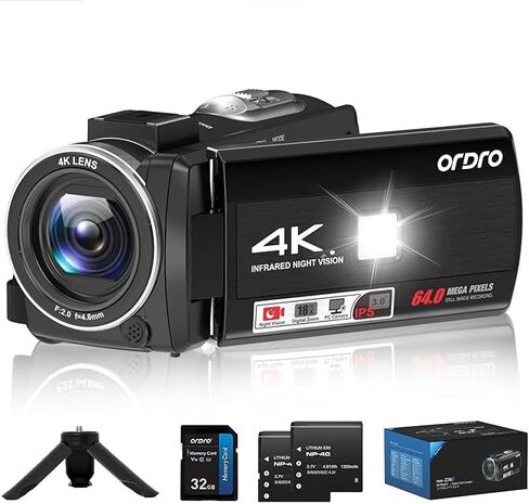 كاميرا فيديو ORDRO 4K، وكاميرا تسجيل فيديو بدقة 64 ميجابكسل لليوتيوب مع تقريب رقمي 18X، ورؤية ليلية بالأشعة تحت الحمراء، وبطاقة ذاكرة 32 جيجا وحامل ثلاثي القوائم صغير in Kuwait