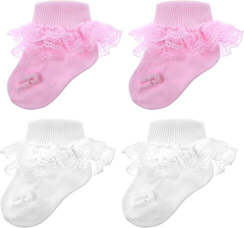 Pink & White Ruffle Socks Double Lace Ruffled Ankle Socks for Girls 2 Pairs Princess Eyelet Frilly Baptism Dress Sock Soft Newborn Sock for Autumn Winter Cute Photo Shoot Party Outfit Accessory in Kuwait
