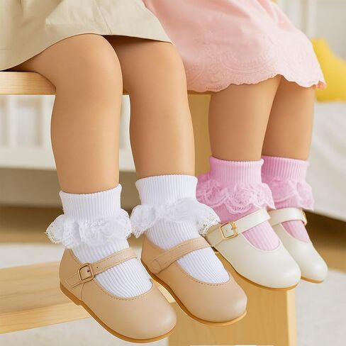 Pink & White Ruffle Socks Double Lace Ruffled Ankle Socks for Girls 2 Pairs Princess Eyelet Frilly Baptism Dress Sock Soft Newborn Sock for Autumn Winter Cute Photo Shoot Party Outfit Accessory in Kuwait