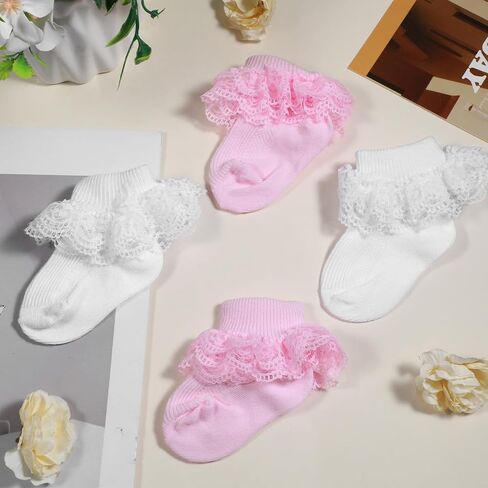 Pink & White Ruffle Socks Double Lace Ruffled Ankle Socks for Girls 2 Pairs Princess Eyelet Frilly Baptism Dress Sock Soft Newborn Sock for Autumn Winter Cute Photo Shoot Party Outfit Accessory in Kuwait