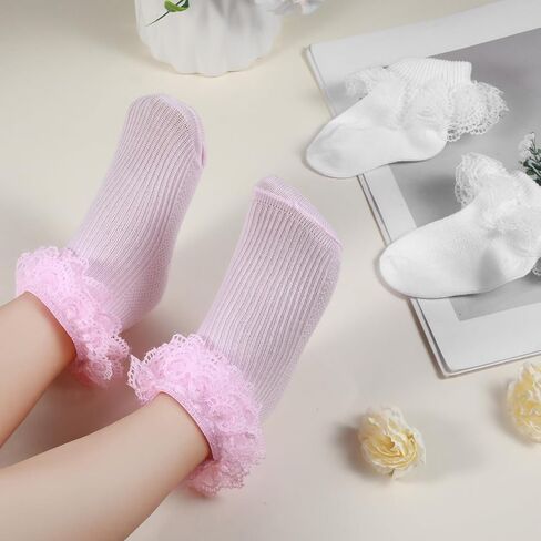 Pink & White Ruffle Socks Double Lace Ruffled Ankle Socks for Girls 2 Pairs Princess Eyelet Frilly Baptism Dress Sock Soft Newborn Sock for Autumn Winter Cute Photo Shoot Party Outfit Accessory in Kuwait