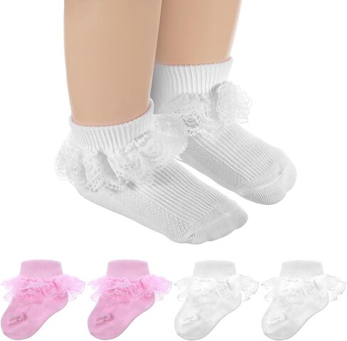 Pink & White Ruffle Socks Double Lace Ruffled Ankle Socks for Girls 2 Pairs Princess Eyelet Frilly Baptism Dress Sock Soft Newborn Sock for Autumn Winter Cute Photo Shoot Party Outfit Accessory in Kuwait