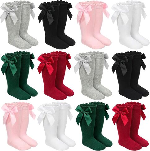 12 Pairs Long Preemie Socks, 6 Color Baby Girls Knee High Socks, Soft Cotton Bow Long Infant Non-Slip Socks for Girls Infant Toddler in Kuwait