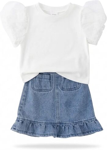Toddler Baby Girl 2 Piece Outfit White Tulle Puff Sleeve Top & Denim Ruffle Skirt Set Infant Casual Summer Clothes in Kuwait