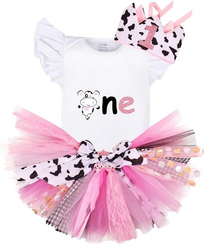 Farm Cow Giraffe and Mermaid Baby Girl 1st Birthday Outfit:Tutu Skirt with Headband for Cake Smash Photo Shoot in Saudi Arabia