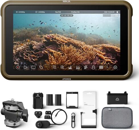 Atomos Ninja RAW Monitor/Recorder with Camera Control for HDMI & Mirrorless Cameras - 5 inch HDR Resolution with Universal Power Kit and Aluminum Alloy 1/4" Camera Hot Shoe Mount (2 Pack), Bundle Kit in Saudi Arabia