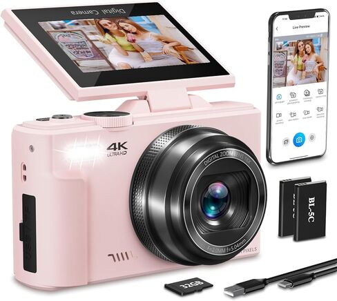 4K Digital Camera for Photography, 64MP HD WiFi Vlogging Camera for YouTube with 3" 180°Flip Screen, 18X Digital Zoom,Autofocus Compact Camera with Flash,32GB TF Card & 2 Batteries(Pink) in Kuwait