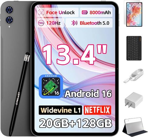 TECLAST T65 2026 ترقية 13 بوصة Android 16 Tablet، 20GB+128GB، 120 هرتز، ثماني النواة، 8000 مللي أمبير، كمبيوتر لوحي 2 في 1 مع لوحة مفاتيح، قلم شاشة، طبقة حماية in Saudi Arabia