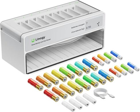 8-Slot Rechargeable AA AAA Batteries with Battery Charging Station & Tester with Auto-Drop Storage, Lithium NiMH NiCd Smart Battery Recharger Smart E-Ink Display, Bad Batteries Detection, 3h C in Kuwait