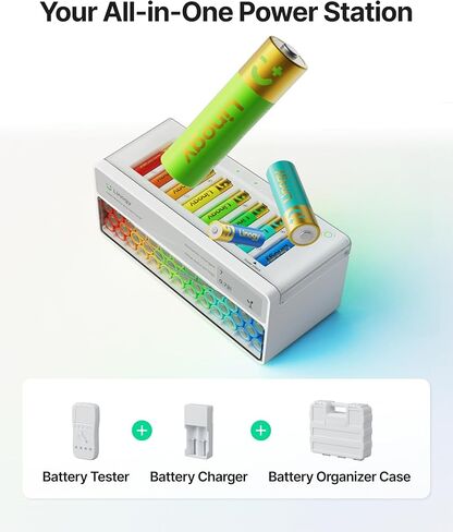 8-Slot Rechargeable AA AAA Batteries with Battery Charging Station & Tester with Auto-Drop Storage, Lithium NiMH NiCd Smart Battery Recharger Smart E-Ink Display, Bad Batteries Detection, 3h C in Kuwait