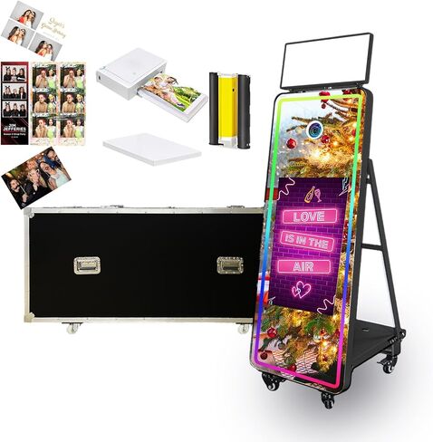 60'' Magic Mirror Photo Booth with 32'' Interactive Touch Screen, Built-in Mini PC, RGB Square Light, Flight Case for Event Rental Wedding Party (Black, Photo Booth Machine) in Kuwait