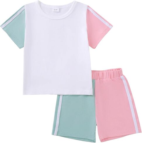 Saeaby طفل رضيع فتاة ملابس قصيرة الأكمام Crewneck القمم تي شيرت بلون السراويل 2 قطعة مجموعة ملابس الصيف in Kuwait