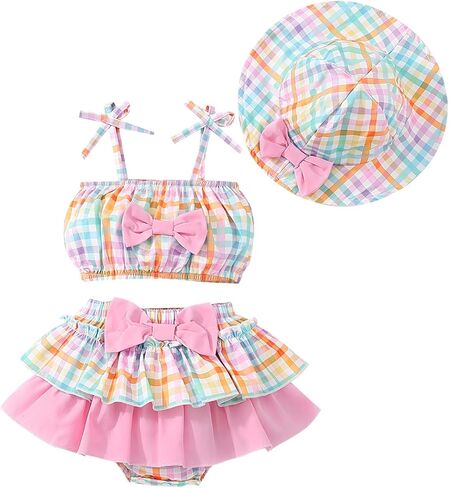Baby Girl Summer Clothes Cute Strapless Top+Ruffle Bloomer Skirt Shorts+Sun Hat Outfits in Kuwait