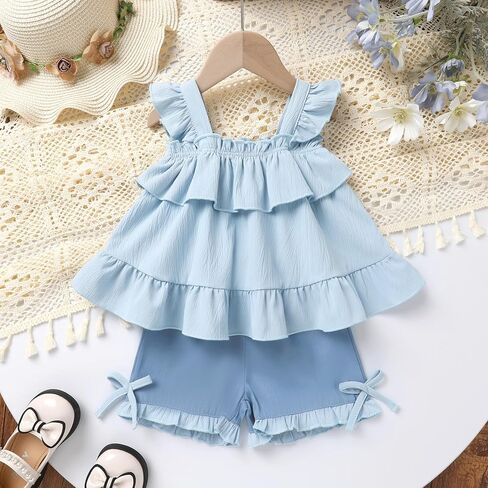 Toddler Girl Summer Outfit Sleeveless Top and Shorts 2pcs Set Baby Girl Ruffle Shirt clothes 12M-5T in Saudi Arabia