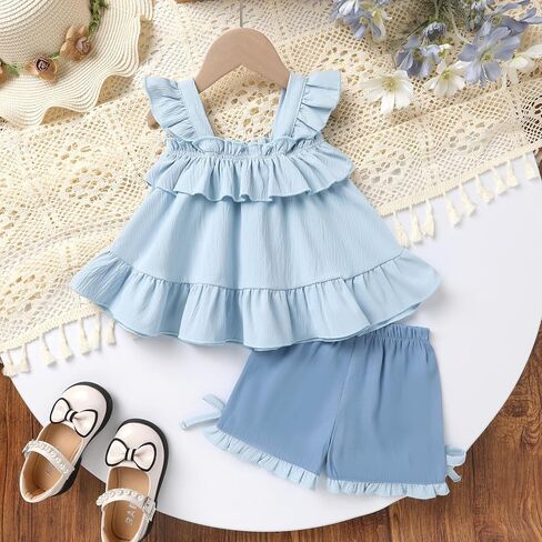 Toddler Girl Summer Outfit Sleeveless Top and Shorts 2pcs Set Baby Girl Ruffle Shirt clothes 12M-5T in Saudi Arabia