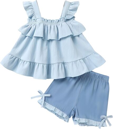 Toddler Girl Summer Outfit Sleeveless Top and Shorts 2pcs Set Baby Girl Ruffle Shirt clothes 12M-5T in Saudi Arabia