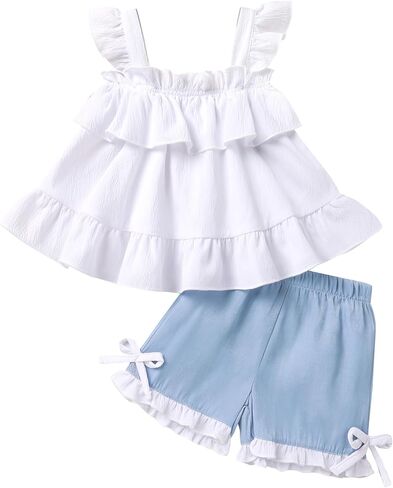 Toddler Girl Summer Outfit Sleeveless Top and Shorts 2pcs Set Baby Girl Ruffle Shirt clothes 12M-5T in Saudi Arabia