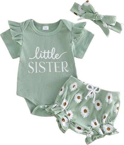 Newborn Baby Girl Clothes Infant Summer Outfits Little Sister Ruffle Romper Daisy Shorts Headband Set 0-18 Month in Kuwait