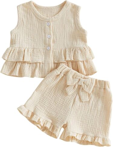 Toddler Baby Girl Sleeveless Button Ruffle Vest Tops Shorts 2 Piece Bubble Cotton Clothes Solid Color Summer Outfit in Kuwait