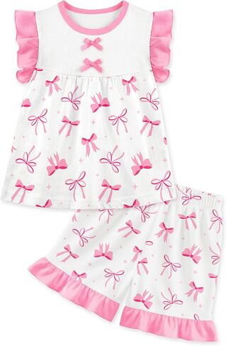 Baby Girl Clothes 2 Piece Outfit Ruffled Short Sleeve T-Shirt + Shorts Set, Toddler Girl Summer Cotton Clothes in Kuwait