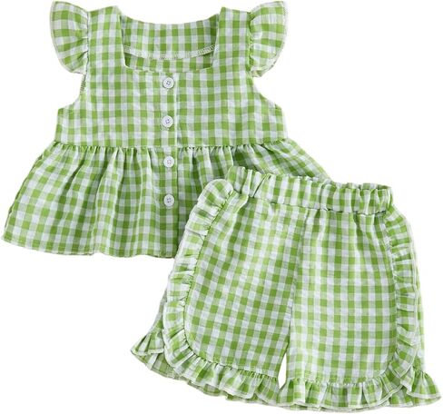 Thorn Tree Toddler Girl Clothes Sleeveless Button Down Shirts Ruffle Plaid Shorts Baby Smocked Outfits Girls Summer Outfit in Kuwait