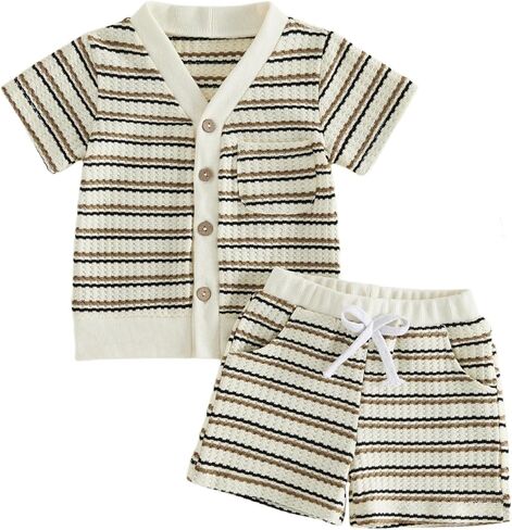 Douhoow Toddler Baby Summer Clothes Boys Girls Short Sleeve Waffle T-shirt Tops Elastic Shorts 1T 2T 3T 4T Festival Outfits in Kuwait