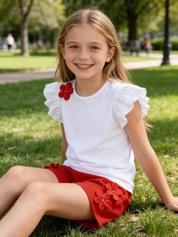 KIDLAGA Girl Outfits summer clothes Ribbed Sleeveless Pearl Ruffle Top And Solid Bow Skirt 2 Pieces Casual Set for Girls 8-13 in Saudi Arabia