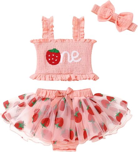 First Birthday Baby Girl Outfit Patterned Sleeveless Smocked Ruffle Top and Tutu Tulle Shorts Sets with Headband in Kuwait