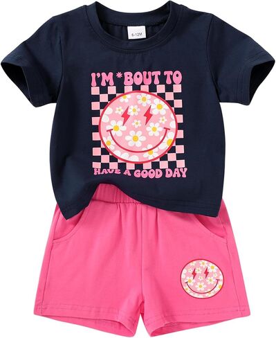 Toddler Baby Girls Summer Outfits Smiley Face Short Sleeve T-Shirt + Shorts Set Cute 2Pcs Clothes 6M-5T in Kuwait