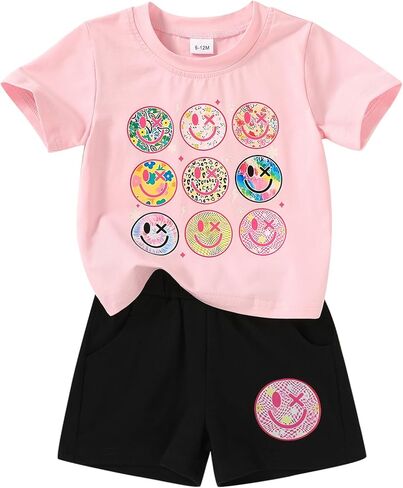 Toddler Baby Girls Summer Outfits Smiley Face Short Sleeve T-Shirt + Shorts Set Cute 2Pcs Clothes 6M-5T in Saudi Arabia