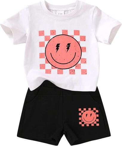 Toddler Baby Girls Summer Outfits Smiley Face Short Sleeve T-Shirt + Shorts Set Cute 2Pcs Clothes 6M-5T in Saudi Arabia