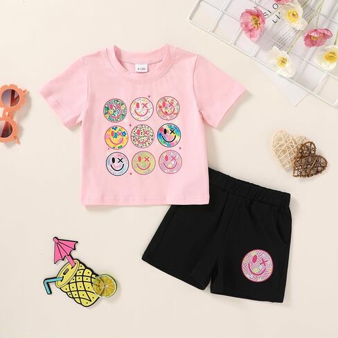 Toddler Baby Girls Summer Outfits Smiley Face Short Sleeve T-Shirt + Shorts Set Cute 2Pcs Clothes 6M-5T in Saudi Arabia