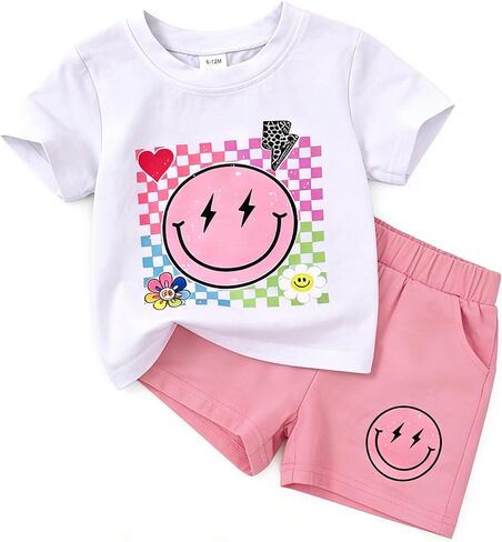 Toddler Baby Girls Summer Outfits Smiley Face Short Sleeve T-Shirt + Shorts Set Cute 2Pcs Clothes 6M-5T in Saudi Arabia