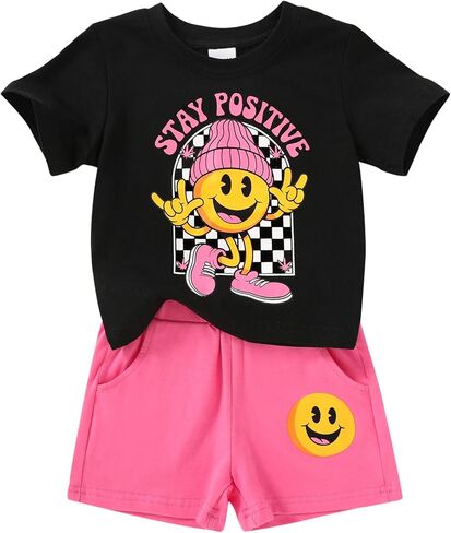 Toddler Baby Girls Summer Outfits Smiley Face Short Sleeve T-Shirt + Shorts Set Cute 2Pcs Clothes 6M-5T in Saudi Arabia