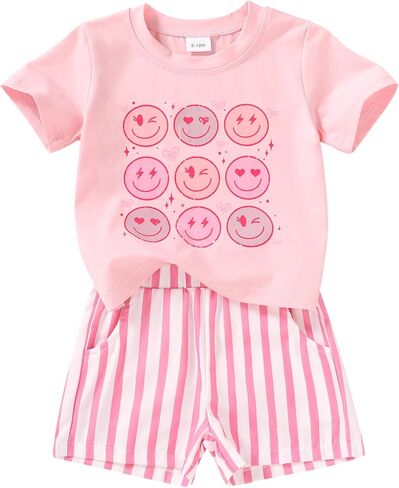 Toddler Baby Girls Summer Outfits Smiley Face Short Sleeve T-Shirt + Shorts Set Cute 2Pcs Clothes 6M-5T in Saudi Arabia