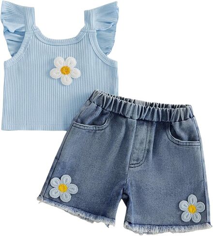 Toddler Baby Girl Summer Clothes Denim Outfits Flower Strawberry Camisole With Denim Shorts 2 Piece Outfit 1-5T in Kuwait