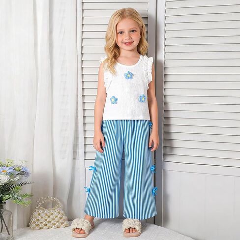 Girls' 2-Piece Sleeveless Outfit Set Ruffled Tank Top & Wide-Leg Pants with Bow Details 4-8T in Kuwait