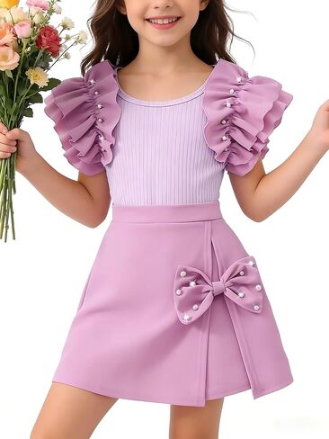 KIDLAGA Girl Outfits summer clothes Ribbed Sleeveless Pearl Ruffle Top And Solid Bow Skirt 2 Pieces Casual Set for Girls 8-13 in Saudi Arabia